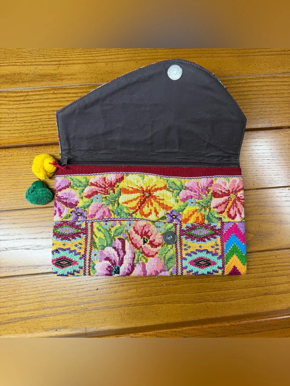 Guatemalan Huipil Embroidered Envelope Clutch Boho Floral Pom Pom Handmade